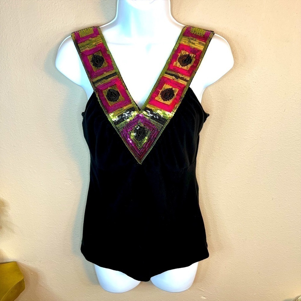 M Bisou Bisou Black With Sequins Sleeveless Top Medium Size 8 Stretch